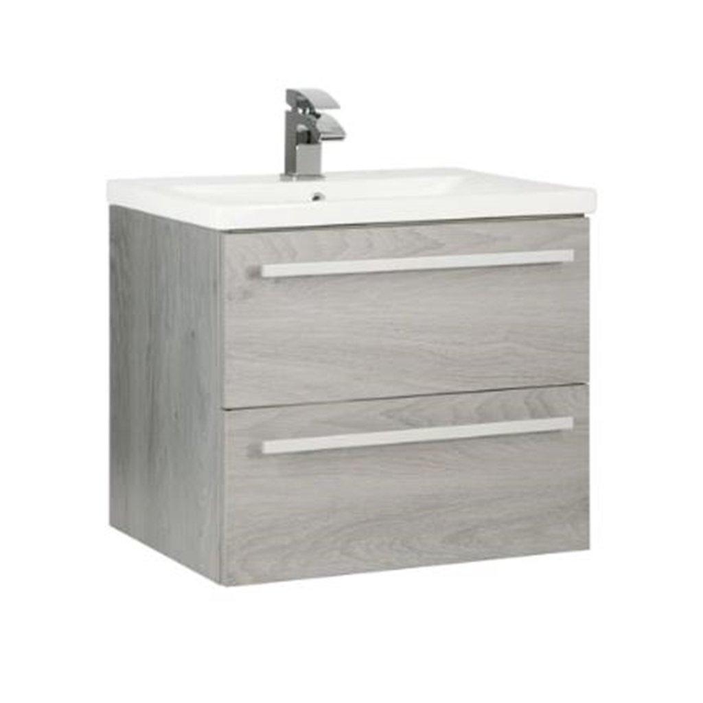 Silver Oak Bathroom 2 Drawer Hung Unit with Ceramic Basin 60cm Wide